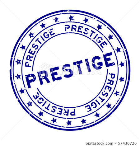 Grunge blue prestige word with star icon round stamp 57436720
