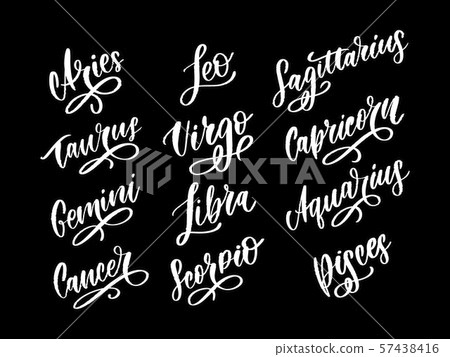Zodiac lettering Vector Sign. Cartoon astrology text illustration. Horoscope handwritten icon set. Zodiac lettering Vector Sign. Cartoon astrology text illustration. Horoscope handwritten icon set. 57438416