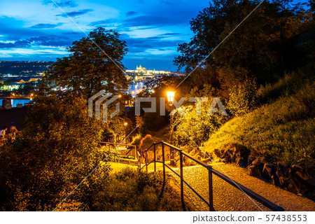 Prague evening. View of Prague Castle and Vltava river from Vysehrad staircase, Prague, Czech Prague evening. View of Prague Castle and Vltava river from Vysehrad staircase, Prague, Czech 57438553