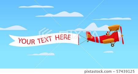 Red retro airplane aircraft with advertising banner ribbon in the cloudy sky. Vector isolated 57439125