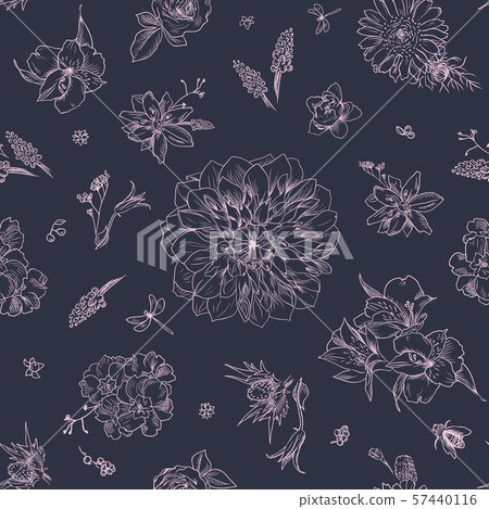 Pattern with floral ornament, toile de jouy. Garden flowers seamless background. Hand drawn Pattern with floral ornament, toile de jouy. Garden flowers seamless background. Hand drawn 57440116