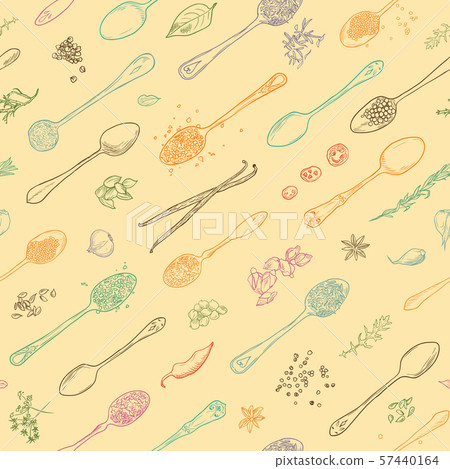 Spices, condiments background. Organic and fresh herbs. Hand drawn spoons, aromatic plants sketch 57440164