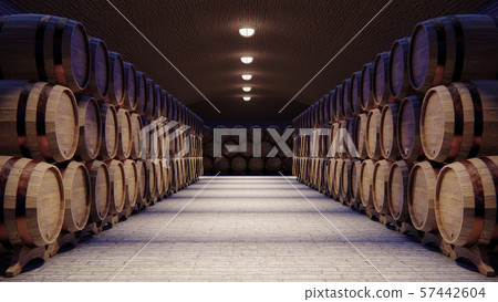 Wine cellar with large wooden barrels 57442604