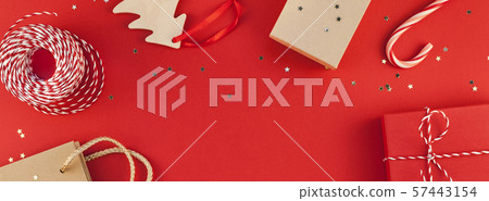 New Year or Christmas presents red background New Year or Christmas presents red background 57443154