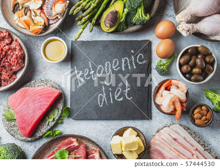 KETOGENIC DIET CONCEPT. Healthy low carb product background. Top view KETOGENIC DIET CONCEPT. Healthy low carb product background. Top view 57444530