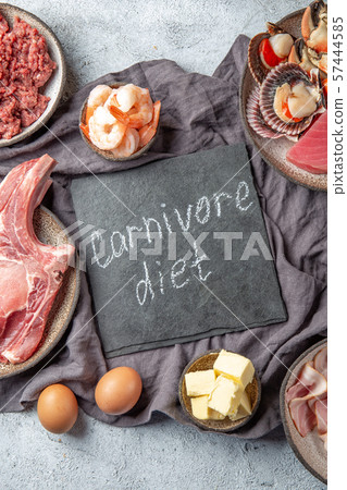 Selection food for CARNIVORE DIET. Seafood, Meat, megs and fat. Zero carbs diet concept Selection food for CARNIVORE DIET. Seafood, Meat, megs and fat. Zero carbs diet concept 57444585