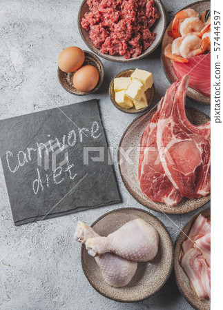 Selection food for CARNIVORE DIET. Seafood, Meat, megs and fat. Zero carbs diet concept Selection food for CARNIVORE DIET. Seafood, Meat, megs and fat. Zero carbs diet concept 57444597