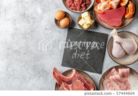 Selection food for CARNIVORE DIET. Seafood, Meat, megs and fat. Zero carbs diet concept 57444604
