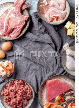 Selection food for CARNIVORE DIET. Seafood, Meat, megs and fat. Zero carbs diet concept 57444606