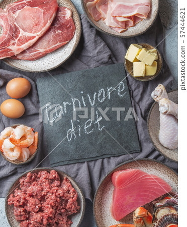 Selection food for CARNIVORE DIET. Seafood, Meat, megs and fat. Zero carbs diet concept 57444621