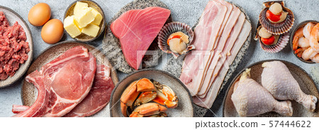 Selection food for CARNIVORE DIET. Seafood, Meat, megs and fat. Zero carbs diet concept 57444622