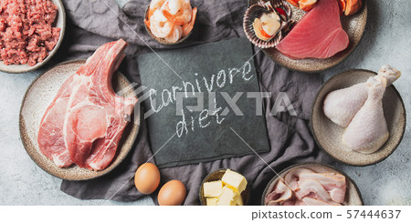 Selection food for CARNIVORE DIET. Seafood, Meat, megs and fat. Zero carbs diet concept 57444637