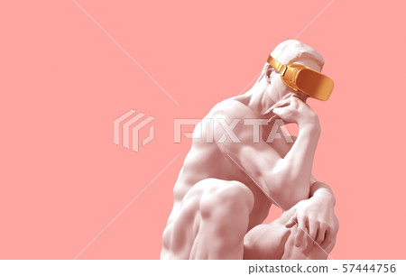 Thinker With Golden VR Glasses Over Pink Background. 3D Illustration. 57444756