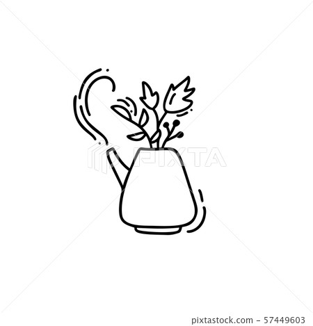 Hand drawn vector doodle illustration of tea kettle with leaves. Teapot icon line symbol. Monoline Hand drawn vector doodle illustration of tea kettle with leaves. Teapot icon line symbol. Monoline 57449603