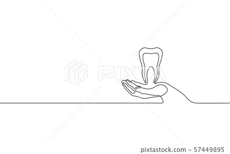 Single continuous line art anatomical human tooth silhouette. Healthy medicine recovery molar root Single continuous line art anatomical human tooth silhouette. Healthy medicine recovery molar root 57449895