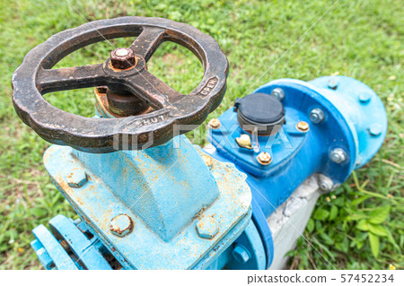 A pump station delivers water for agricultural watering, Water pumping station. Valve faucet and pumps 57452234