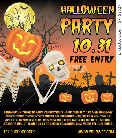 halloween promotion banner with skeleton on graveyard poster 57453027