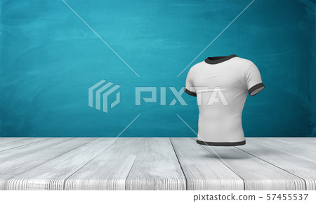 3d rendering of white close-fitting men's T-shirt with black edge piping, suspended in air above 3d rendering of white close-fitting men's T-shirt with black edge piping, suspended in air above 57455537