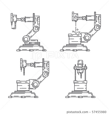 Line Flat Vector Icon Set Factory Conveyor Stock Illustration