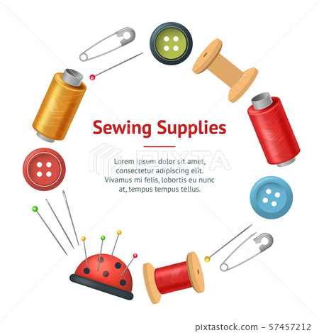 Realistic Detailed 3d Sewing Supplies for Tailoring and Needlework Banner Card Circle. Vector Realistic Detailed 3d Sewing Supplies for Tailoring and Needlework Banner Card Circle. Vector 57457212