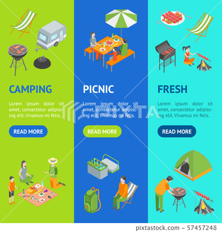 Picnic Barbecue Banner Vecrtical Set Isometric... - Stock Illustration ...
