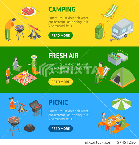 Picnic Barbecue Banner Horizontal Set Isometric... - Stock Illustration ...