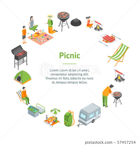 Picnic Barbecue Banner Card Circle Isometric Stock