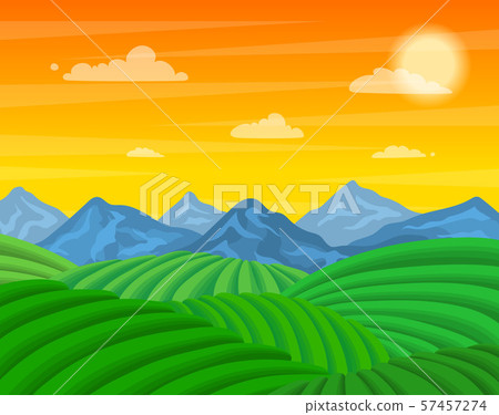 Cartoon Tea Plantation Green Fields Landscape Background Scene. Vector Cartoon Tea Plantation Green Fields Landscape Background Scene. Vector 57457274