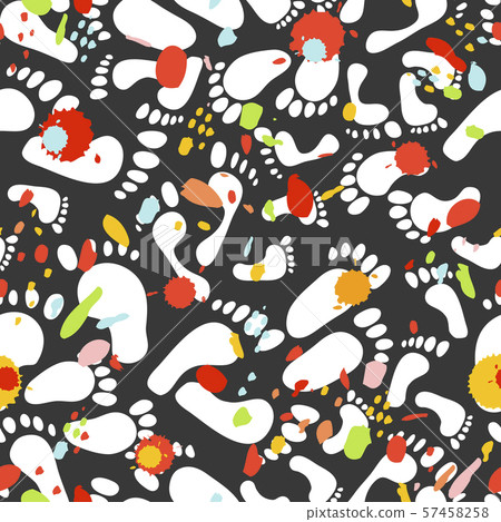 Seamless pattern with traces of different sizes. Traces of people - men, women, children. Abstract hand painted repeat texture with colorful blots of paint - Vector 57458258