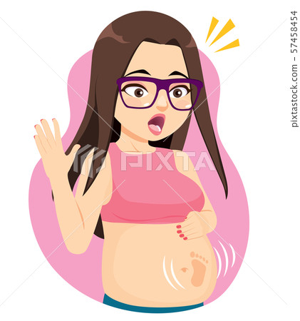 Surprised brunette pregnant woman with glasses first baby feet kicking belly 57458454