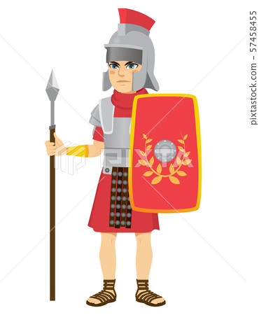 Roman legionary soldier holding long spear and shield 57458455
