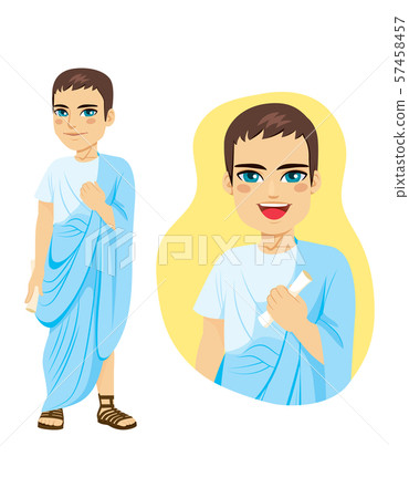 Illustration of commoner roman citizen standing with blue toga and holding papyrus