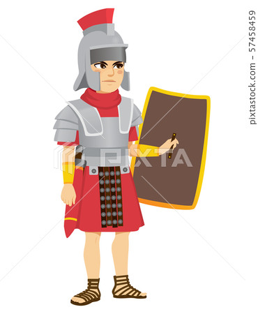 Roman legionary soldier with sword on belt holding shield 57458459
