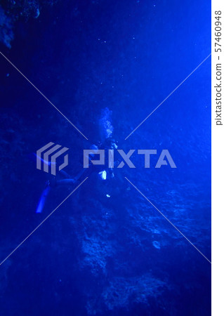 Diver standing still in the room of the queen of the seabed cave at the diving spot in Shimojijima, Miyakojima city 57460948