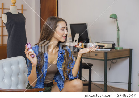 Closeup smart mobile phone taking Live Beautiful young woman Sell online. Vlog concept. 57463547