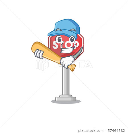 Playing baseball sign stop mascot shaped with character Playing baseball sign stop mascot shaped with character 57464582