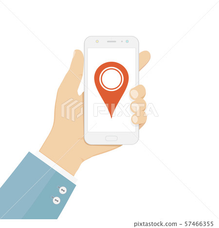 Hand holding white smartphone with map point. Mobile navigation concept 57466355