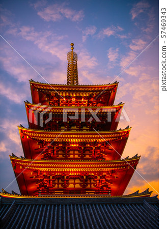 Tokyo cityscape in Japan Sensoji Temple and five-storied pagoda (sunset and dark clouds appearing in the distance) 57469343