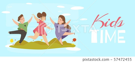 Kids Time Banner. Cheerful Boy and Girls Jumping Kids Time Banner. Cheerful Boy and Girls Jumping 57472455