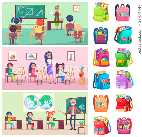 Back to School Label, Pupils and Teacher Vector - Stock Illustration ...