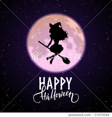 Witch woman flying on the broom on night sky - Stock Illustration ...