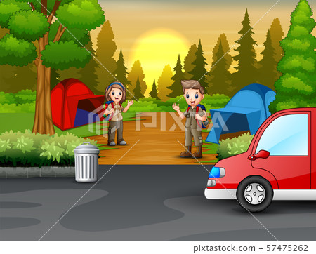 Young scout in the camping zone scene Young scout in the camping zone scene 57475262