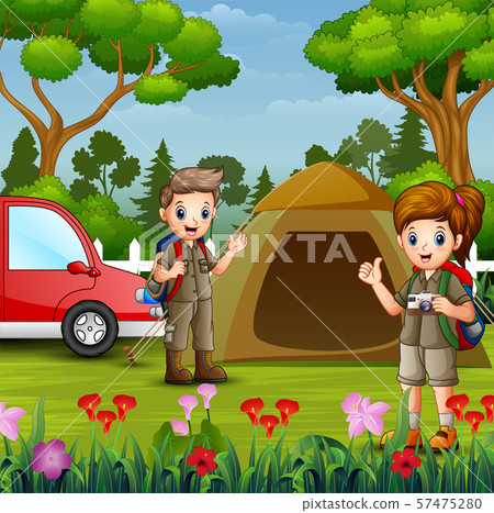 Cartoon kids in explorer outfit camping out in nature Cartoon kids in explorer outfit camping out in nature 57475280