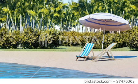 Beach chair at sunny coast. Seychelles 3d rendering 57476302