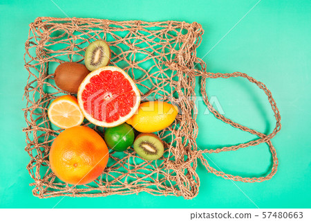 Zero waste concept. Fruits on textile bag. 57480663
