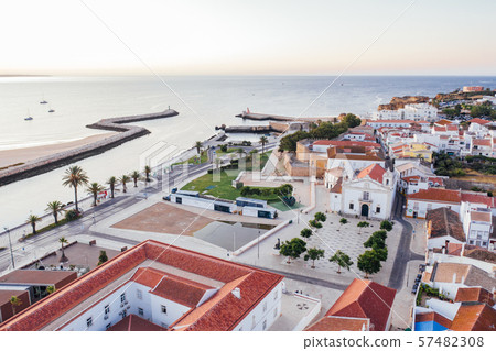 Aerial drone view of central part and marina of Lagos, Algarve, Portugal at morning 57482308