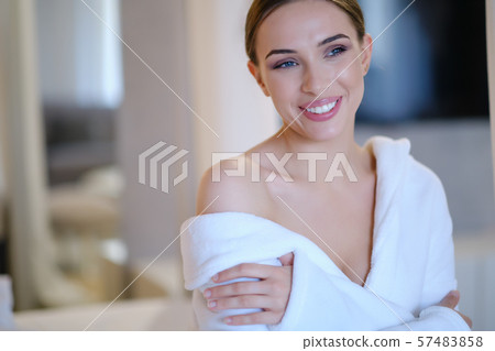 woman in a dressing gown rest at home woman in a dressing gown rest at home 57483858