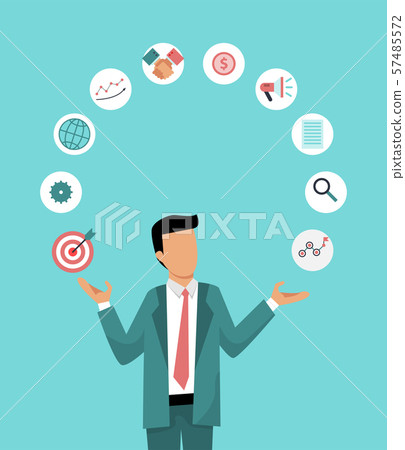 Businessman is juggling business icons. Illustration of the correct distribution work time. Business 57485572