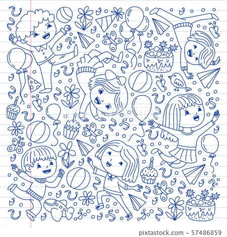 Vector illustration in cartoon style, active company of playful preschool kids jumping, at a party 57486859