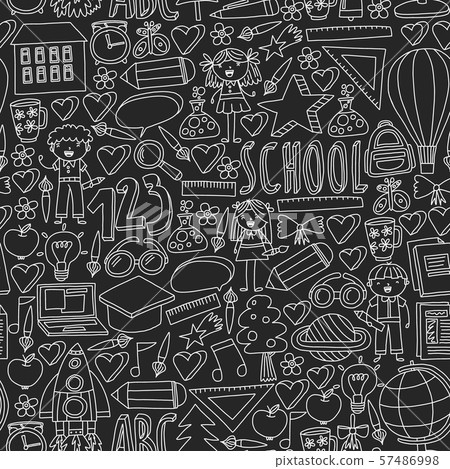 Vector set of back to school icons in doodle style. Chalked drawing on a school blackboard. Vector set of back to school icons in doodle style. Chalked drawing on a school blackboard. 57486998